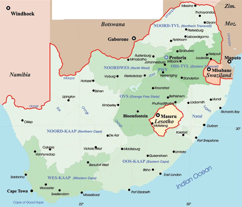 South Africa Map Pretoria Johannesburg And Cape Town